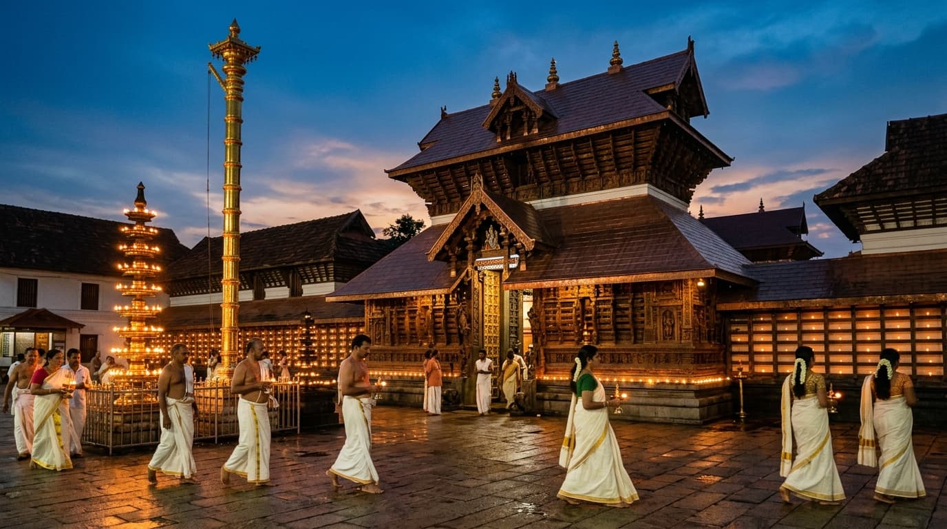 Guruvayur Temple traditional architecture and oil lamps in Kerala