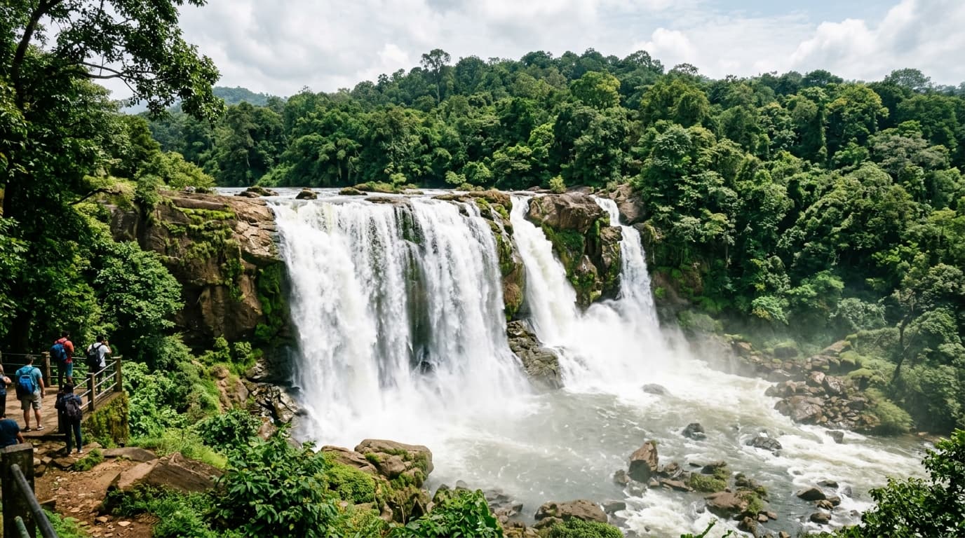 Athirappilly waterfalls cascading in lush green forest